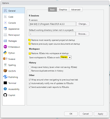 Screenshot of RStudio settings